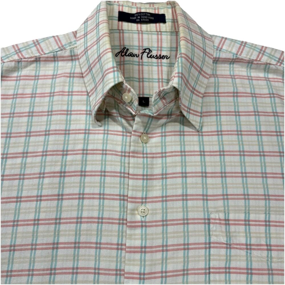 Alan Flusser Mens Short Sleeve Button Down Casual Turquoise Preppy SZ Large